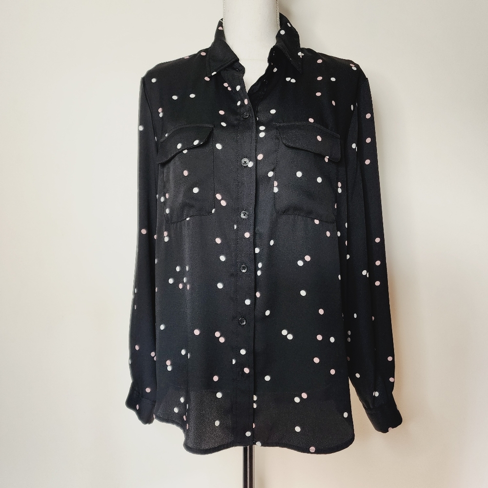 Jones New York polka dot long sleeved button up blouse women's Large